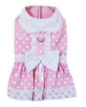 Load image into Gallery viewer, Pink Polka Dot and Lace Dog Dress Set with Leash