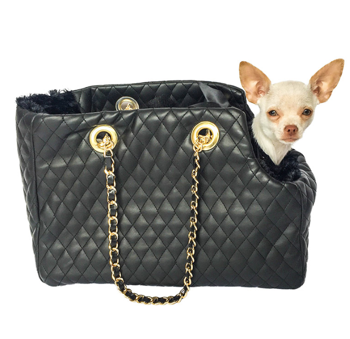 Kate Carrier in Quilted Black Vegan Leather with Chain Straps