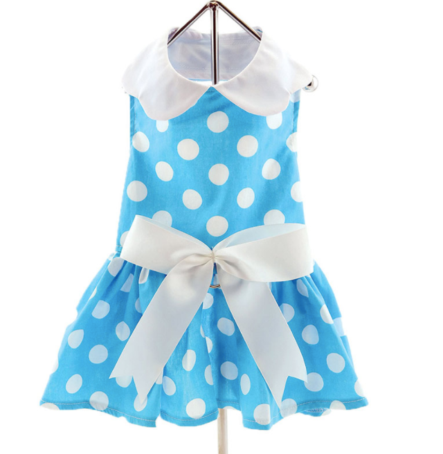 Blue Polka Dot Dress with Leash & D-Ring