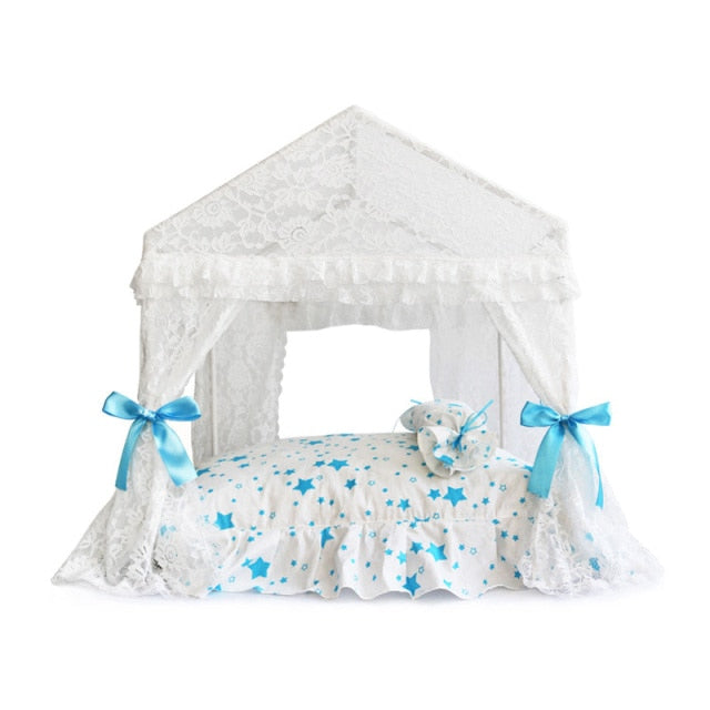 White Lace Pet Bed with Blue Star Mattress